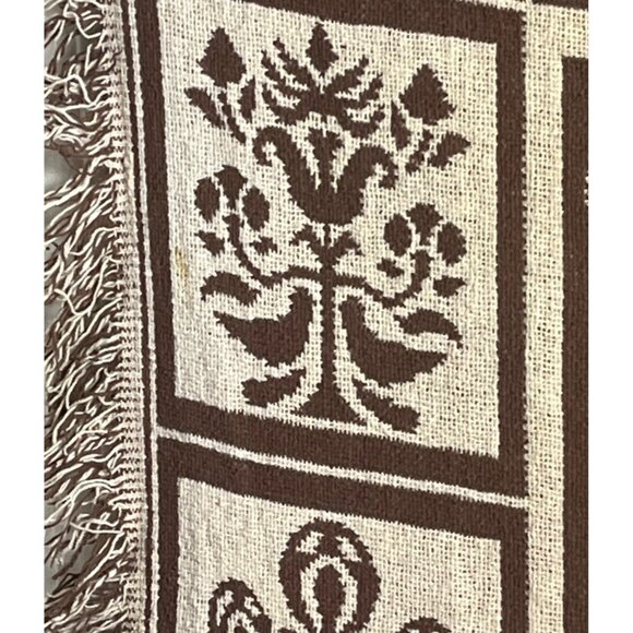 Vtg Cotton Blanket Chocolate Brown Tan Folk Throw Rustic Farmhouse Home Decor - Picture 5 of 9